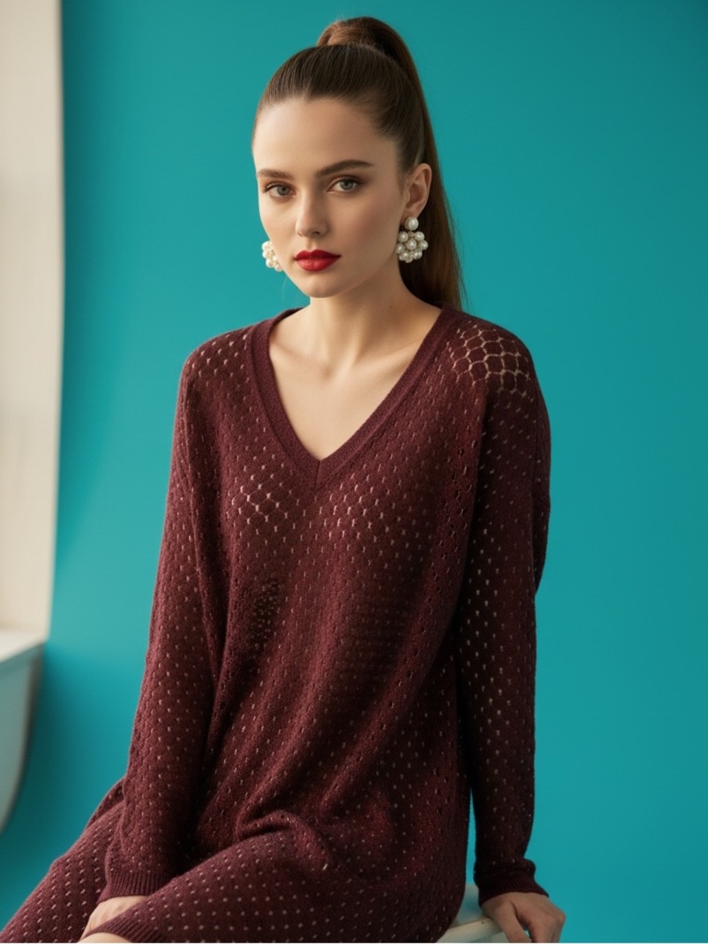 Zilch Amsterdam Stretchy Maroon Long Sleeve Knit Dress Size S